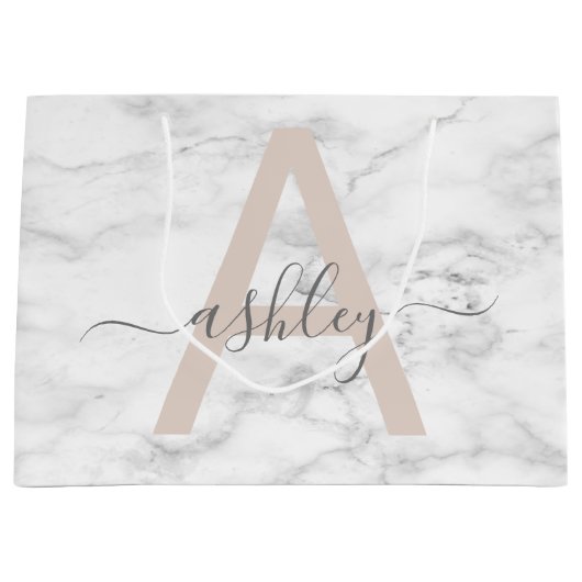 Chic Blush Pink White Marble Script Name Monogram Groot Cadeauzakje (Voorkant)