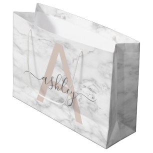 Chic Blush Pink White Marble Script Name Monogram Groot Cadeauzakje
