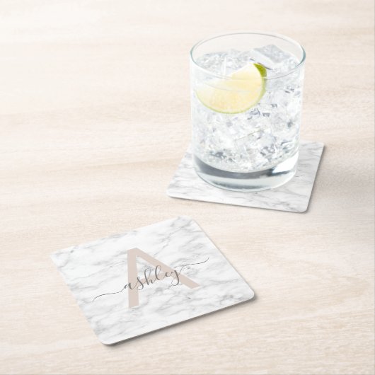 Chic Blush Pink White Marble Script Name Monogram Kartonnen Onderzetters (Insitu)