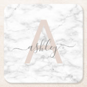 Chic Blush Pink White Marble Script Name Monogram Kartonnen Onderzetters (Voorkant)