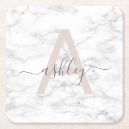 Chic Blush Pink White Marble Script Name Monogram Kartonnen Onderzetters