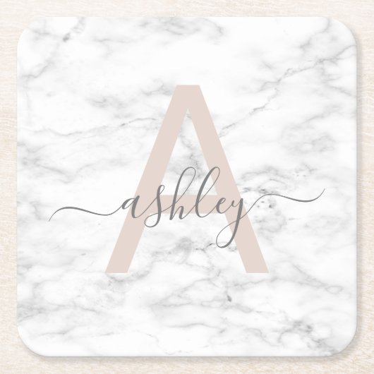 Chic Blush Pink White Marble Script Name Monogram Kartonnen Onderzetters (Voorkant)