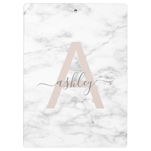 Chic Blush Pink White Marble Script Name Monogram Klembord (Achterkant)