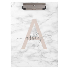 Chic Blush Pink White Marble Script Name Monogram Klembord