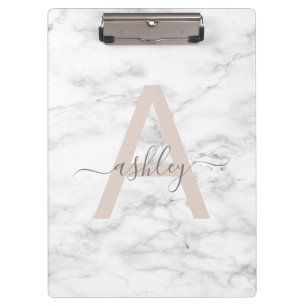Chic Blush Pink White Marble Script Name Monogram Klembord