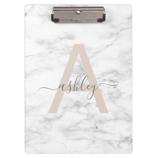 Chic Blush Pink White Marble Script Name Monogram Klembord (Voorkant)