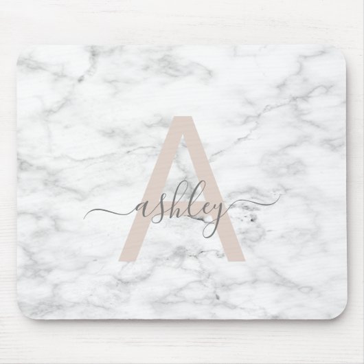 Chic Blush Pink White Marble Script Name Monogram Muismat (Voorkant)
