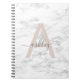 Chic Blush Pink White Marble Script Name Monogram Notitieboek