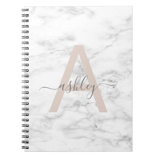 Chic Blush Pink White Marble Script Name Monogram Notitieboek (Voorkant)