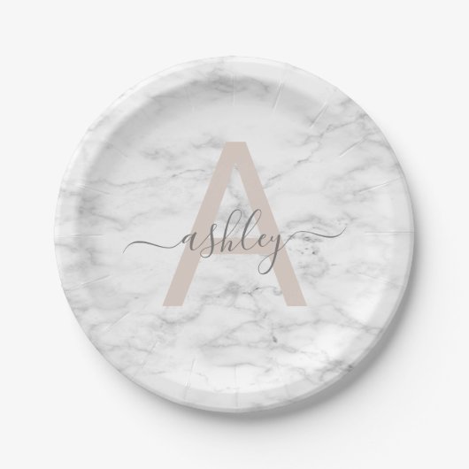 Chic Blush Pink White Marble Script Name Monogram Papieren Bordje (Voorkant)