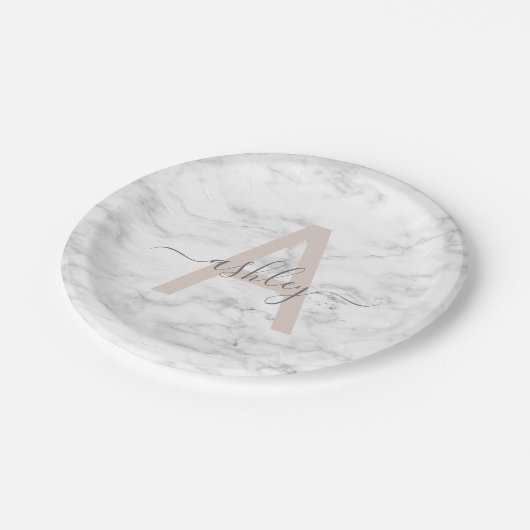 Chic Blush Pink White Marble Script Name Monogram Papieren Bordje (Gekanteld)