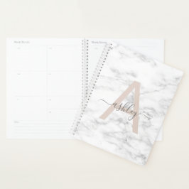 Chic Blush Pink White Marble Script Name Monogram Planner
