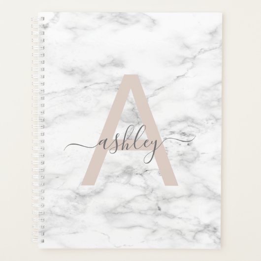 Chic Blush Pink White Marble Script Name Monogram Planner (Voorkant)