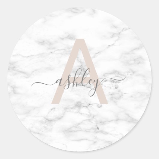Chic Blush Pink White Marble Script Name Monogram Ronde Sticker (Voorkant)
