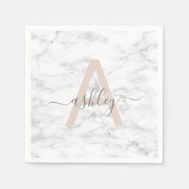Chic Blush Pink White Marble Script Name Monogram Servet