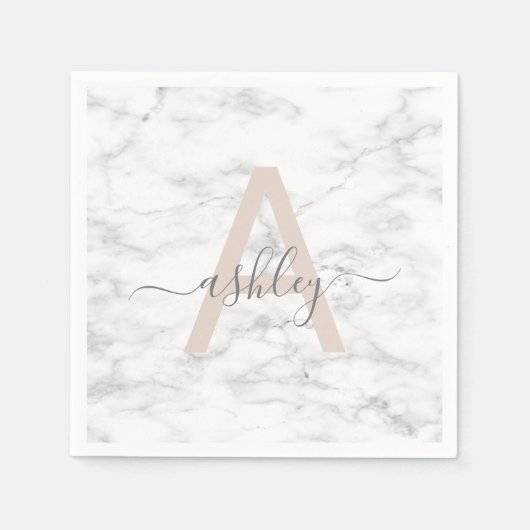 Chic Blush Pink White Marble Script Name Monogram Servet (Voorkant)
