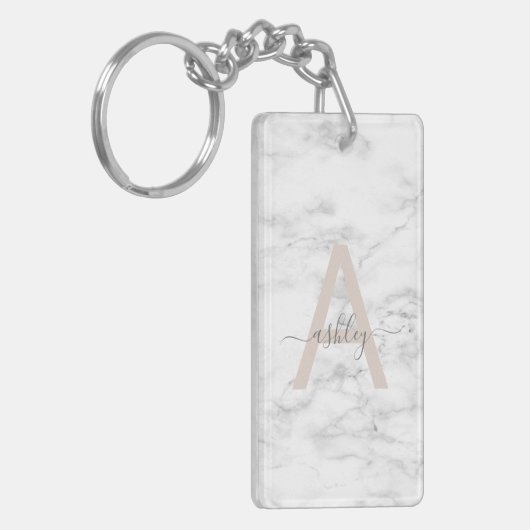 Chic Blush Pink White Marble Script Name Monogram Sleutelhanger (Voorkant Links)