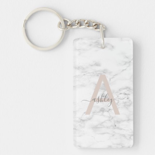 Chic Blush Pink White Marble Script Name Monogram Sleutelhanger (Voorkant)