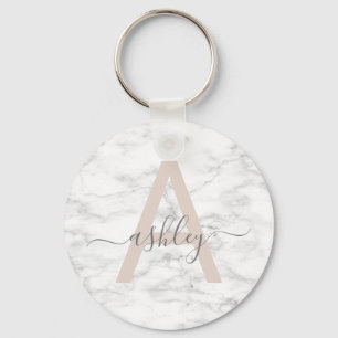 Chic Blush Pink White Marble Script Name Monogram Sleutelhanger