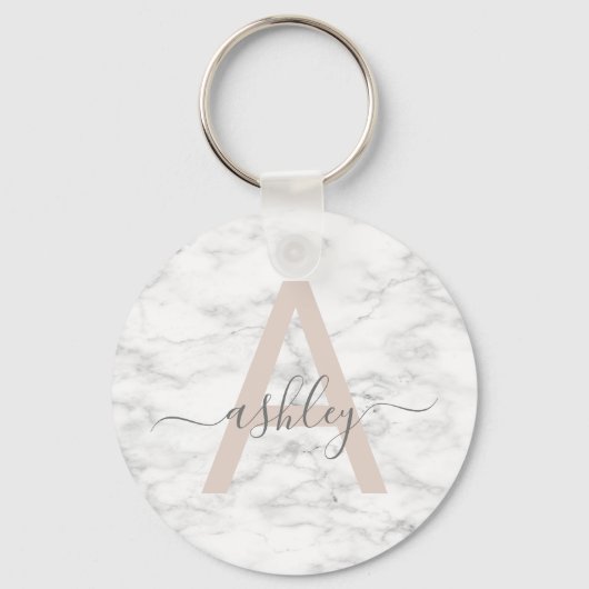Chic Blush Pink White Marble Script Name Monogram Sleutelhanger (Voorkant)