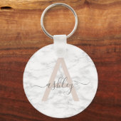 Chic Blush Pink White Marble Script Name Monogram Sleutelhanger (Voorkant)