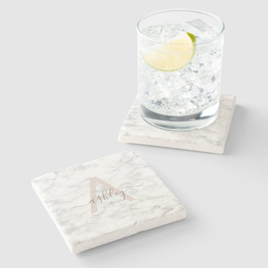 Chic Blush Pink White Marble Script Name Monogram Stenen Onderzetter (Zijkant)
