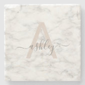 Chic Blush Pink White Marble Script Name Monogram Stenen Onderzetter (Voorkant)
