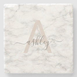 Chic Blush Pink White Marble Script Name Monogram Stenen Onderzetter