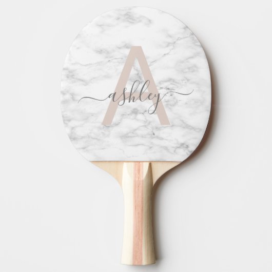 Chic Blush Pink White Marble Script Name Monogram Tafeltennisbatje (Voorkant)