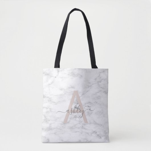 Chic Blush Pink White Marble Script Name Monogram Tote Bag (Voorkant)