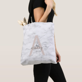 Chic Blush Pink White Marble Script Name Monogram Tote Bag