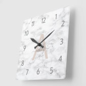 Chic Blush Pink White Marble Script Name Monogram Vierkante Klok (Hoek)