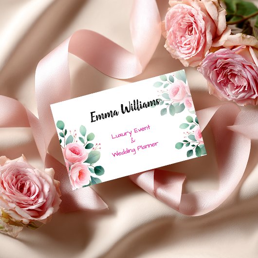 Chic Blush Roos & Eucalyptus Event Planner Visitekaartje