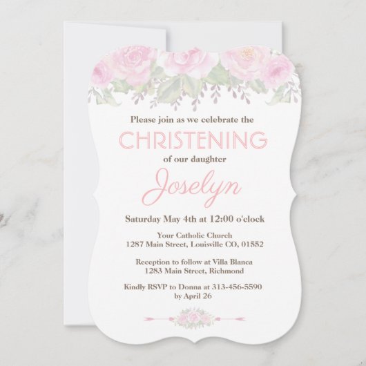 Chic Blush Roos Garden Floral Baptism Invite Kaart (Voorkant)