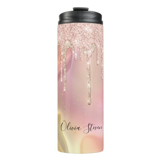 Chic blush roos unicorn dripping glitter monogram thermosbeker (Voorkant)