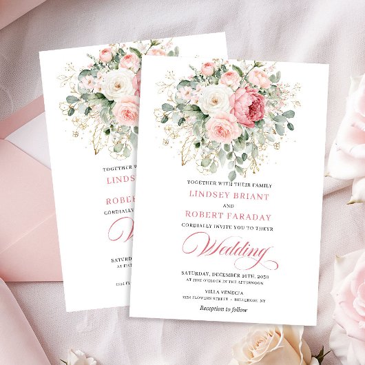 Chic Blush Rose Gold Floral Wedding Invitation Kaart
