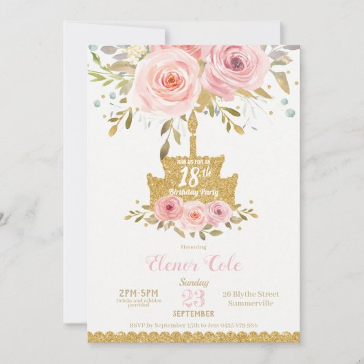 Chic Blush Roze Bloemen 18e Verjaardag Taart Kaart (Voorkant)