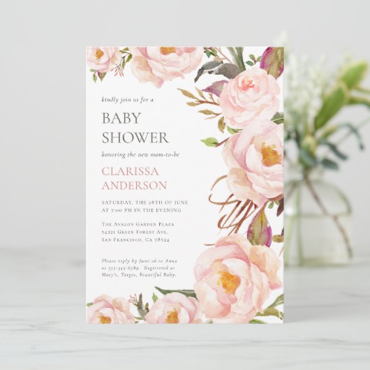 Chic Blush Roze Bloemen Baby shower Kaart (Staand voorkant)