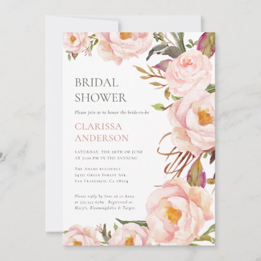 Chic Blush Roze Bloemen Bruids Douche Uitnodiging (Voorkant)