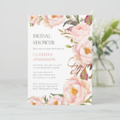 Chic Blush Roze Bloemen Bruids Douche Uitnodiging (Staand voorkant)