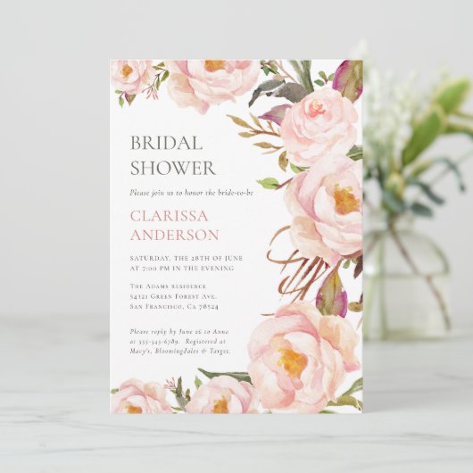 Chic Blush Roze Bloemen Bruids Douche Uitnodiging (Staand voorkant)