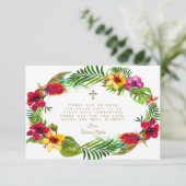 Chic Blush Roze Bloemen Gouden Kruis Heilige Commu Bedankkaart (Staand voorkant)