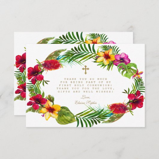 Chic Blush Roze Bloemen Gouden Kruis Heilige Commu Bedankkaart (Voorkant / Achterkant)