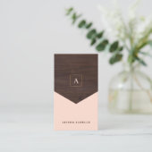Chic Blush Roze, Donker Hout & Goud Stijlvol Monog Visitekaartje (Staand voorkant)
