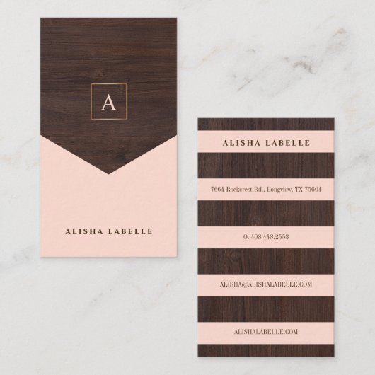 Chic Blush Roze, Donker Hout & Goud Stijlvol Monog Visitekaartje (Voorkant / Achterkant)