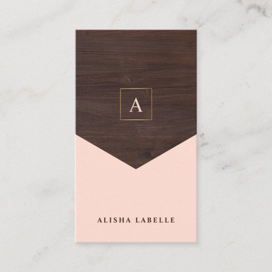 Chic Blush Roze, Donker Hout & Goud Stijlvol Monog Visitekaartje (Voorkant)