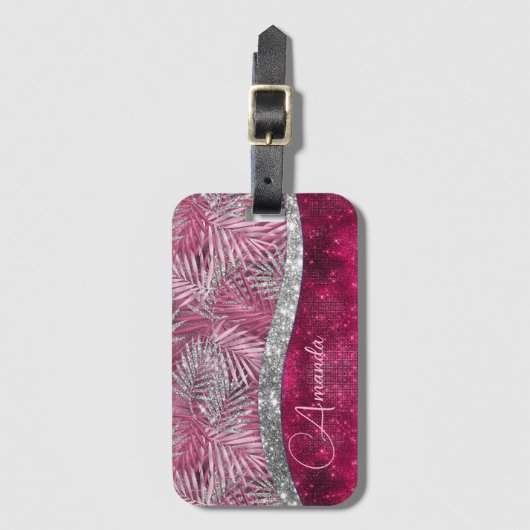 Chic blush roze fuchsia glitter blad monogram bagagelabel (Voorkant (verticaal))