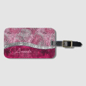 Chic blush roze fuchsia glitter blad monogram bagagelabel (Voorkant (horizontaal))