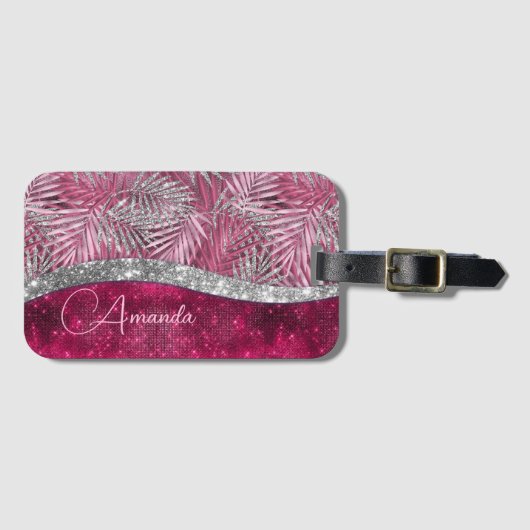 Chic blush roze fuchsia glitter blad monogram bagagelabel (Voorkant (horizontaal))