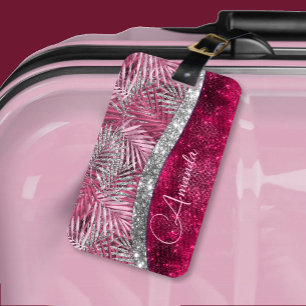 Chic blush roze fuchsia glitter blad monogram bagagelabel